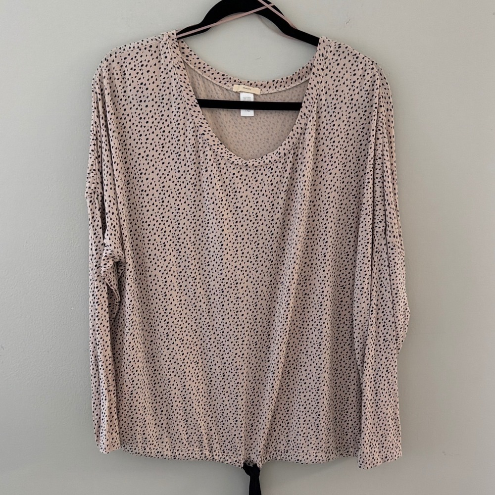 Eberjey Womens Large Tan Black Dot Print Tie Front Modal Long Sleeve Top Relaxed